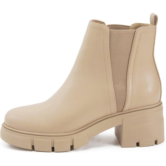 Redtop Women's Nude Faux Leather Elastic Chunky Block Heel Lug Sole Ankle Boot - Picture 2 of 8